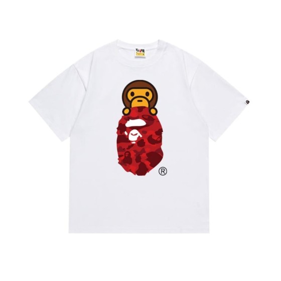 White BAPE T-Shirt with Red Camo Ape Head and Baby Milo